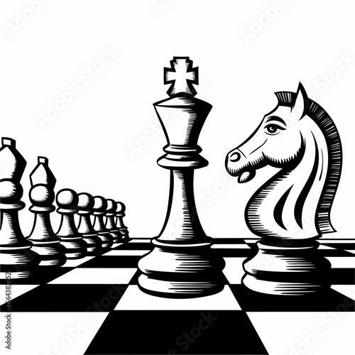 A hand-drawn monochrome illustration of a chess scene with a focus on the king, rook, and knight pieces arranged in the foreground, emphasizing strategic positioning and the tension of a chess match.
