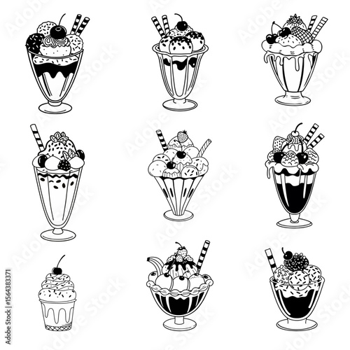 Set of 9 black and white ice cream sundae illustrations. Line art style, isolated on white. Great for menus, coloring books, packaging. Image generated with AI.