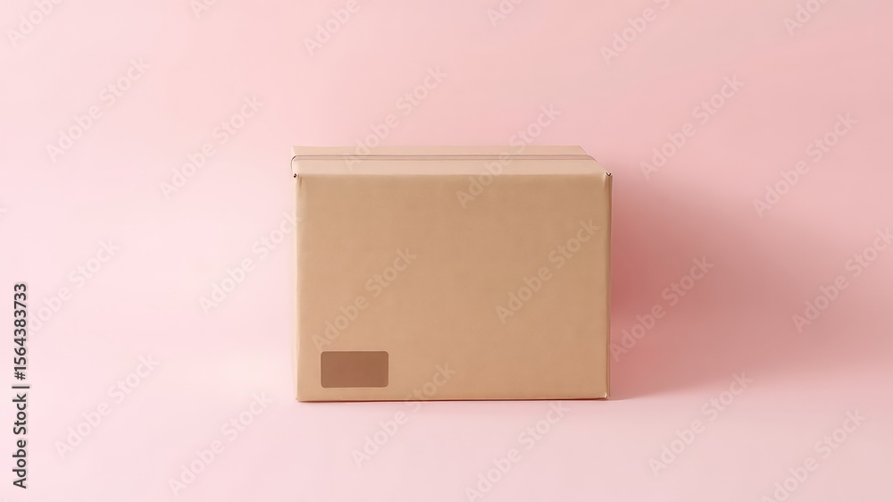Fototapeta premium Plain brown cardboard box sits on a pale pink surface ready for shipment or storage or as a gift