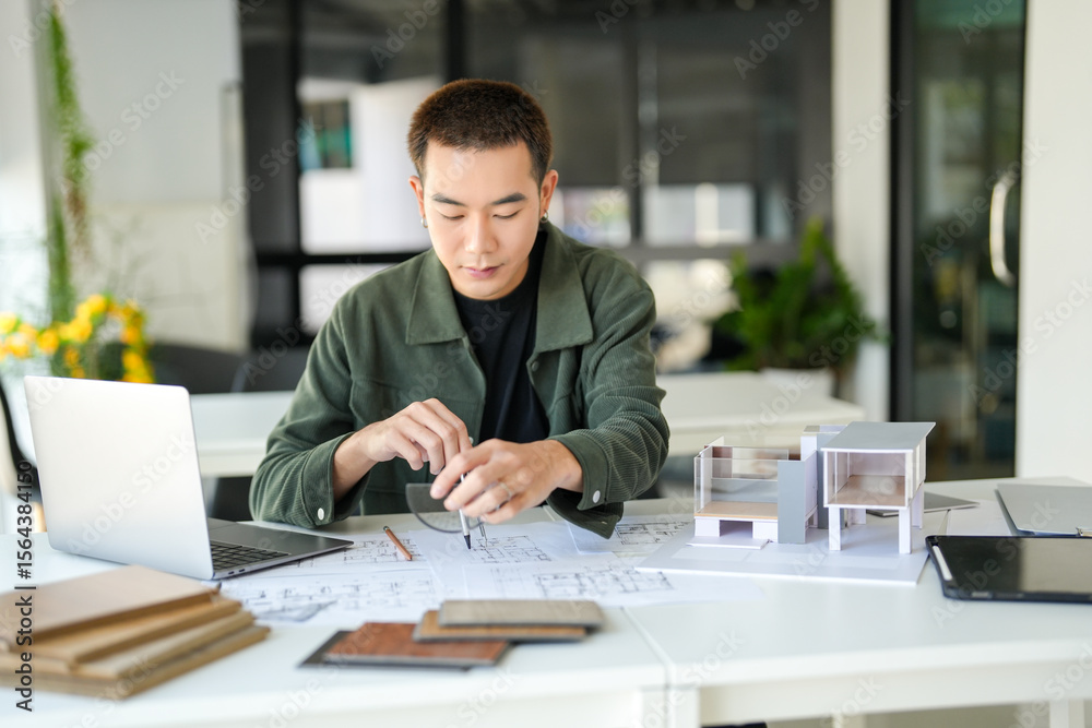 Obraz premium Architecture Man drawing on architectural Creative project business architecture building construction&nbsp;Industrial engineering Achievement Planning Design on eco blueprint