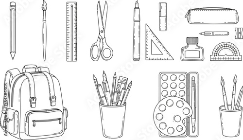 Back to school supplies outline drawing vector illustration for education and creativity concept art design editable vector illustration