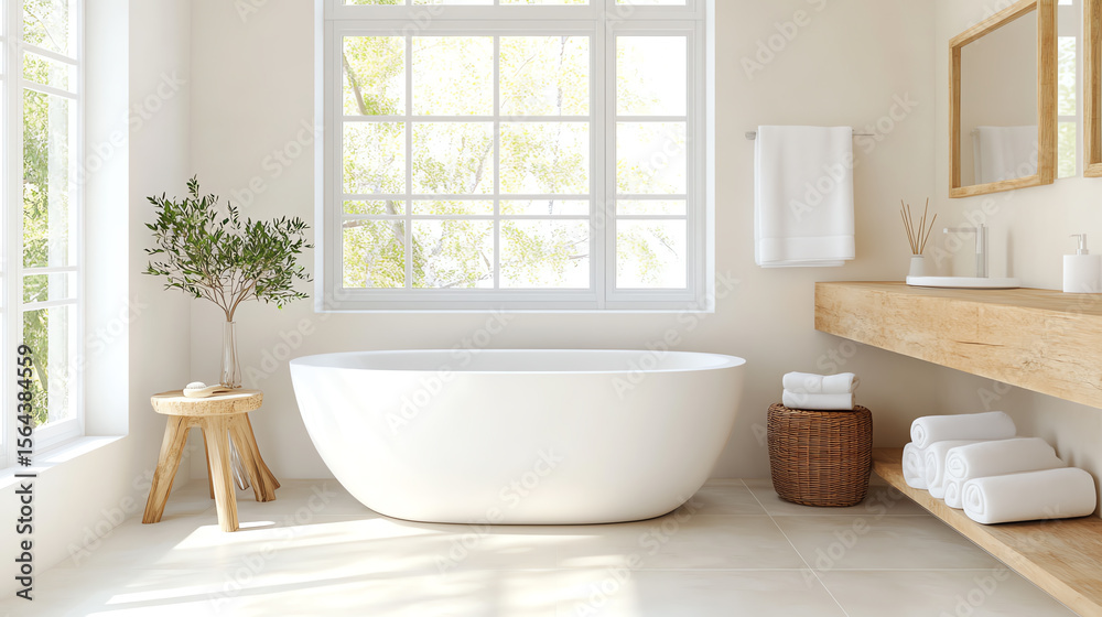 Fototapeta premium A modern and serene bathroom featuring a sleek bathtub, natural light, and minimal decor for a relaxing atmosphere.