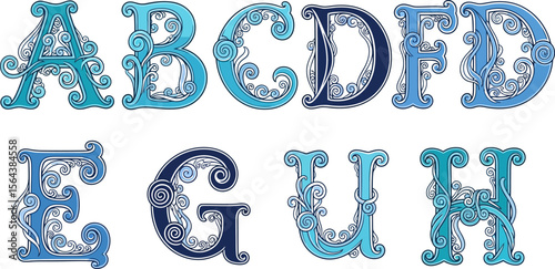 Decorative alphabet letters a to h with ocean wave design vector illustration for graphic design use editable vector illustration