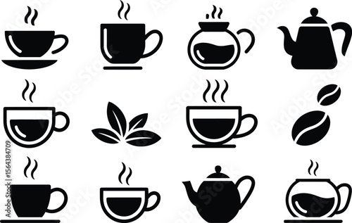 Black Coffee Tea Icons Set with Steam Teapots Cups and Beans