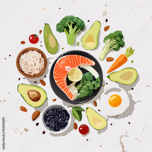 This top-down vector image shows neatly arranged keto ingredients on a clean marble kitchen surface.  Bright, warm, and organized, it's perfect for recipe apps, blogs, and food planners.