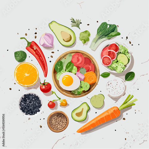 This top-down vector image shows neatly arranged keto ingredients on a clean marble kitchen surface.  Bright, warm, and organized, it's perfect for recipe apps, blogs, and food planners.