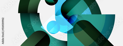 Abstract composition. Overlapping shapes create dynamic visual effect. Cool color palette dominates, evoking calm atmosphere.