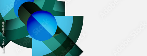 Abstract shapes, blue hues, green tones dominate composition. Modern design, clean lines, minimalist aesthetic present. Brightness contrasts with white space.