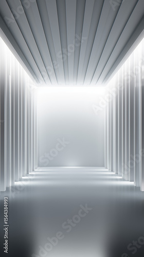 Abstract geometric pattern formed by three white light beams on a white background wall. Minimalist scene emphasizing elegance, lighting design, and modern composition for product presentation.