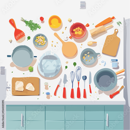 This vector features an overhead view of common kitchen utensils on a clean countertop. Bright, simple, and well-lit, it’s ideal for food content and kitchen-themed designs.