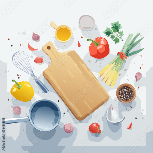 This vector features an overhead view of common kitchen utensils on a clean countertop. Bright, simple, and well-lit, it’s ideal for food content and kitchen-themed designs.