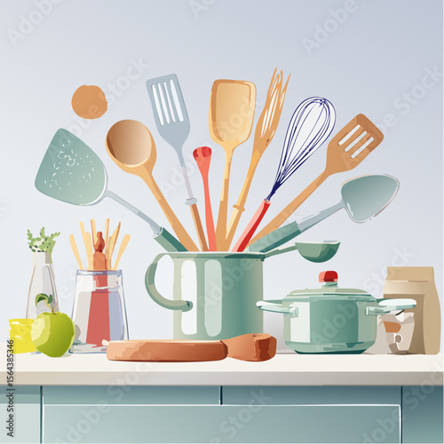 This vector features an overhead view of common kitchen utensils on a clean countertop. Bright, simple, and well-lit, it’s ideal for food content and kitchen-themed designs.