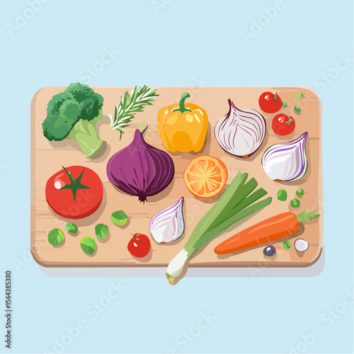 This vector image displays colorful vegetables and herbs on a rustic chopping board. Bright and inviting, it’s great for healthy recipe layouts and food-themed visuals.