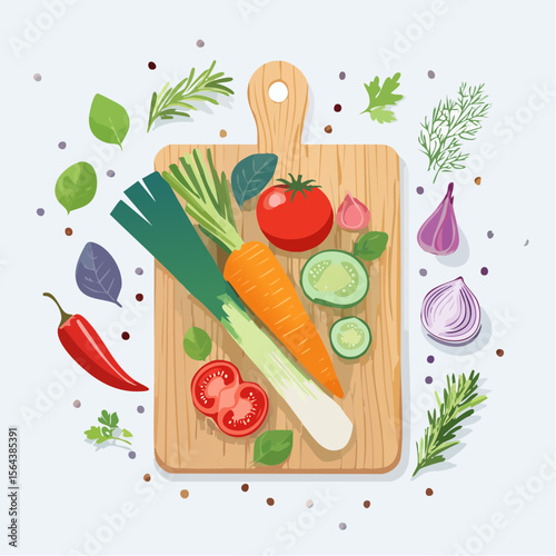 This vector image displays colorful vegetables and herbs on a rustic chopping board. Bright and inviting, it’s great for healthy recipe layouts and food-themed visuals.