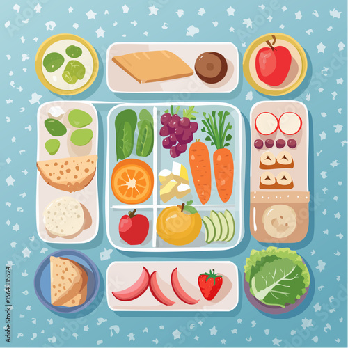 This vector shows portioned lunchbox ingredients laid out on a cool blue surface. Clean and appealing, it’s great for meal planners, recipe content, and healthy food ideas.