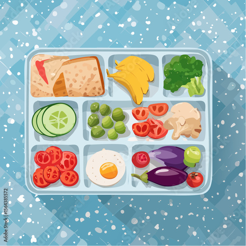 This vector shows portioned lunchbox ingredients laid out on a cool blue surface. Clean and appealing, it’s great for meal planners, recipe content, and healthy food ideas.