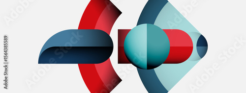 Abstract geometric shapes overlap, creating dynamic composition. Red, blue, teal hues dominate white background. Modern design.