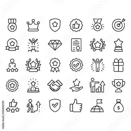 Achievement and Award Line Icons Set – Outline Vector Symbols for Success, Leadership, Rewards, Business Growth, and Recognition Concepts