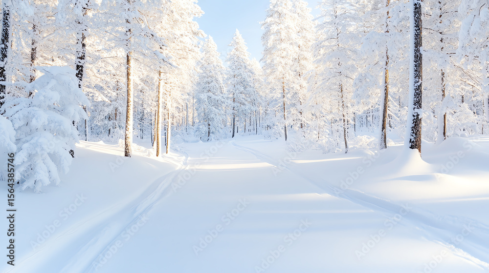 Obraz premium A serene winter landscape blanketed in fresh snow, featuring snow-covered trees and a tranquil pathway under a clear blue sky.