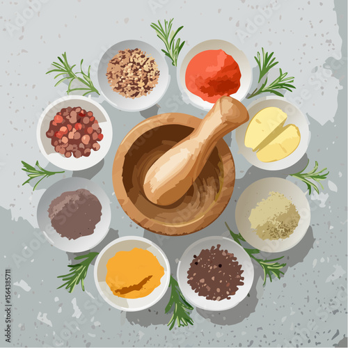This warm vector shows bowls of spices with a mortar and pestle on a stone counter. Ideal for food blogs and recipe designs, it brings an earthy, aromatic vibe.