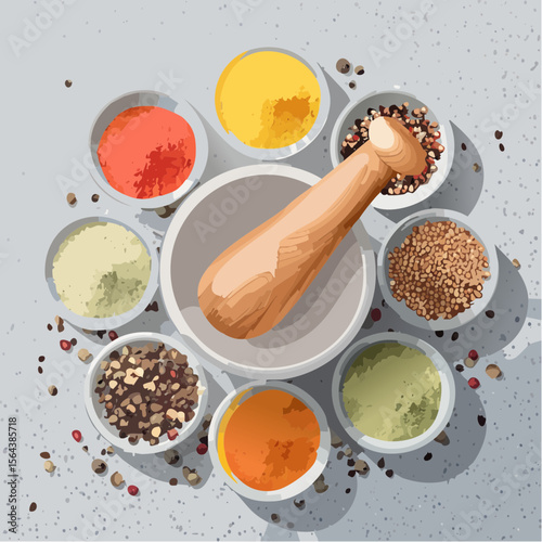 This warm vector shows bowls of spices with a mortar and pestle on a stone counter. Ideal for food blogs and recipe designs, it brings an earthy, aromatic vibe.