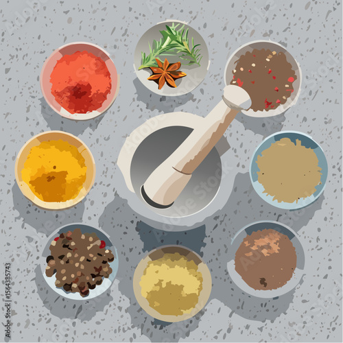 This warm vector shows bowls of spices with a mortar and pestle on a stone counter. Ideal for food blogs and recipe designs, it brings an earthy, aromatic vibe.