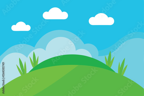 Simple green hill landscape illustration with blue sky and clouds offers a serene and peaceful feeling, perfect for backgrounds and designs.