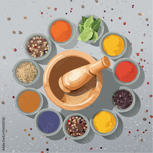 This warm vector shows bowls of spices with a mortar and pestle on a stone counter. Ideal for food blogs and recipe designs, it brings an earthy, aromatic vibe.