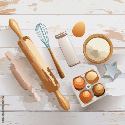 This vector shows baking tools like flour, eggs, and whisk on a wooden table. Bright and cozy, it’s perfect for bakers, blogs, and recipe illustrations with a homemade feel.