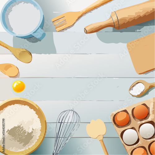 This vector shows baking tools like flour, eggs, and whisk on a wooden table. Bright and cozy, it’s perfect for bakers, blogs, and recipe illustrations with a homemade feel.