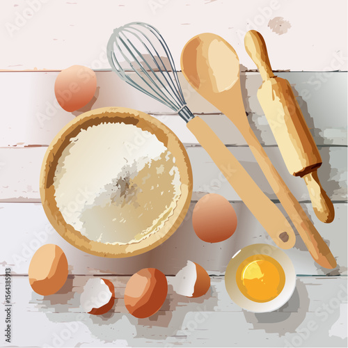 This vector shows baking tools like flour, eggs, and whisk on a wooden table. Bright and cozy, it’s perfect for bakers, blogs, and recipe illustrations with a homemade feel.