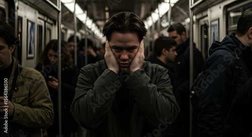 Wallpaper Mural Overwhelmed Commuter Man Covers Ears on Crowded Subway, Seeking Solitude Amid Urban Noise and Stress of Public Transport during Rush Hour. Torontodigital.ca