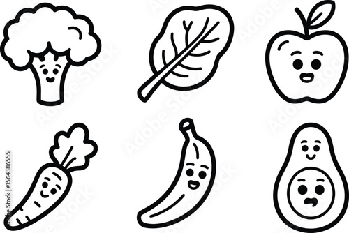 Black and White Cartoon Fruits and Vegetables with Faces