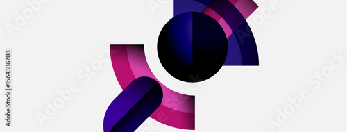 Abstract design features curved shapes, vibrant purple hues, dark center. Minimalist composition, modern aesthetic, clean background.