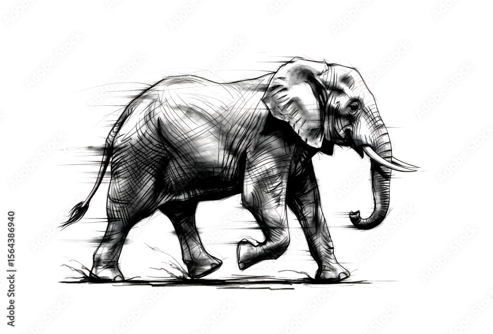 Fototapeta premium Black and white sketch of a running elephant with dynamic lines. Wildlife Animals.