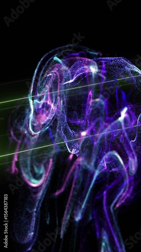 Colorful swirling particles animation over glowing green tennis court lines