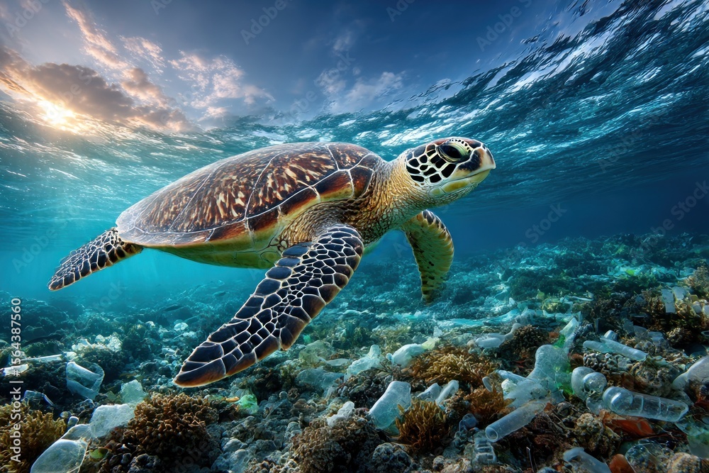 Fototapeta premium Sea turtle swimming amidst plastic pollution