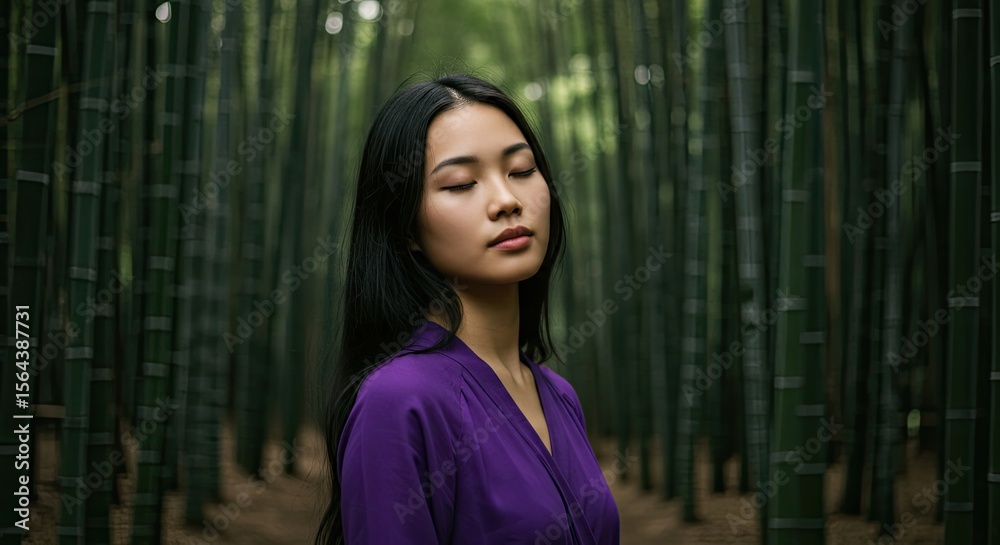 Fototapeta premium Woman in purple robe, serene bamboo grove