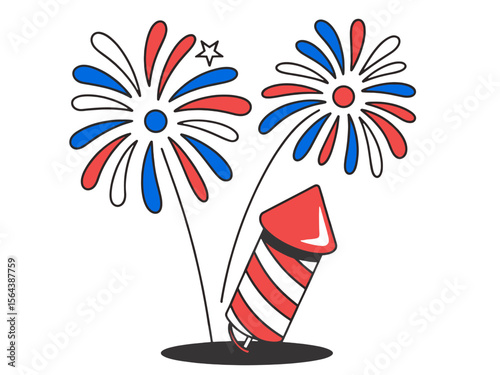 Colorful fireworks display with red and blue flowers and a striped rocket celebrating a festive occasion