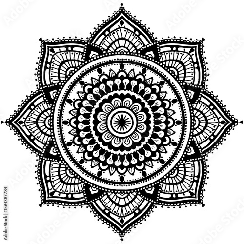 Detailed black and white mandala design featuring intricate patterns and shapes