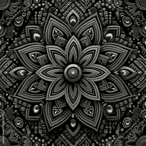Beautiful intricate black and gray mandala design featuring floral elements and detailed patterns 