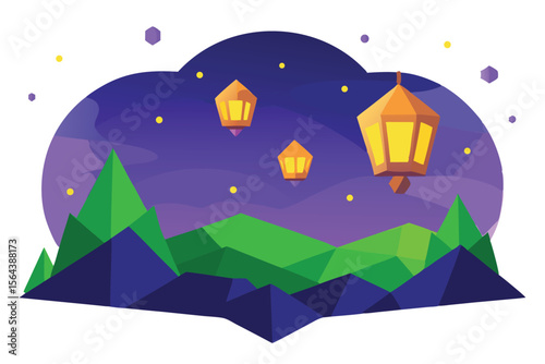 Illustrative Night Landscape with Floating Lanterns and Geometric Hills, evokes whimsical feelings.