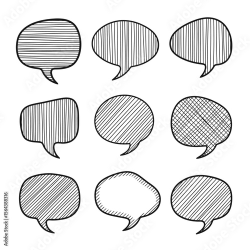 Hand-drawn Doodle Speech Bubbles Set. Various shapes with hatching patterns for communication and dialogue on white background.
