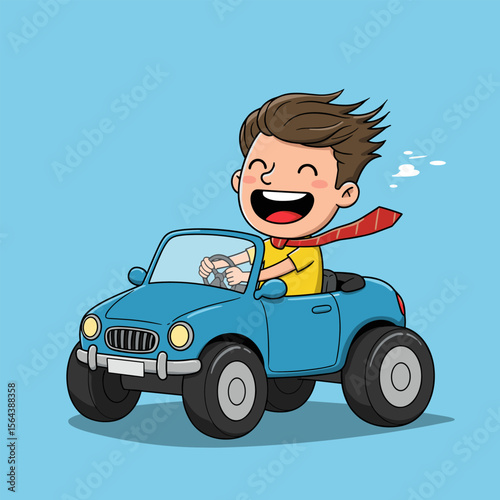 Happy cartoon child driving a blue car with red scarf flying, light blue background.