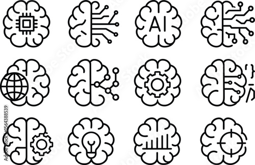 Artificial Intelligence Brain Icons Set Outline Style, Machine Learning, Neural Network, and Deep Learning Concepts