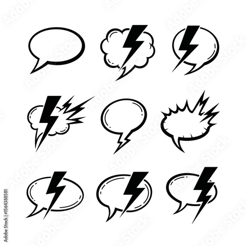 Hand-Drawn Comic Speech Bubbles and Thought Balloons Set with Lightning Bolts. Cartoon Chat Boxes for Dialogue, Expression.