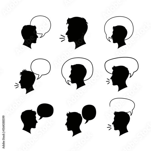 Communication Silhouettes with Speech Bubbles and Sound Waves. Talking, Discussion, Interaction Icons.