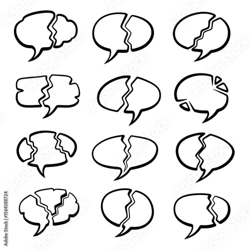 Broken Speech Bubbles Vector Set: Communication Breakdown, Dialogue Issues, Interrupted Thoughts, and Silence Icons