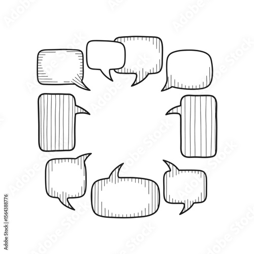 Hand-drawn speech bubbles frame. Sketchy comic style thought balloons for text, chat, or dialogue. Communication design element.