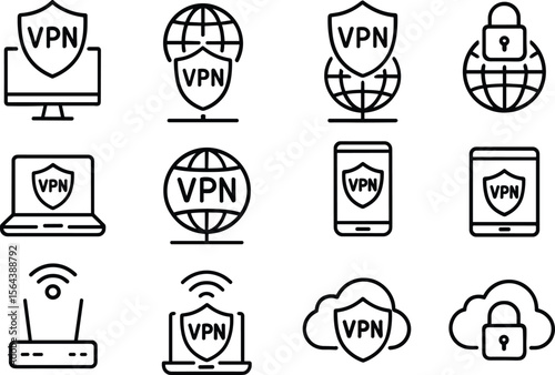 VPN Connection Icons Set Outline Style, Secure Network, Internet Security, Data Protection, Privacy, and Encryption